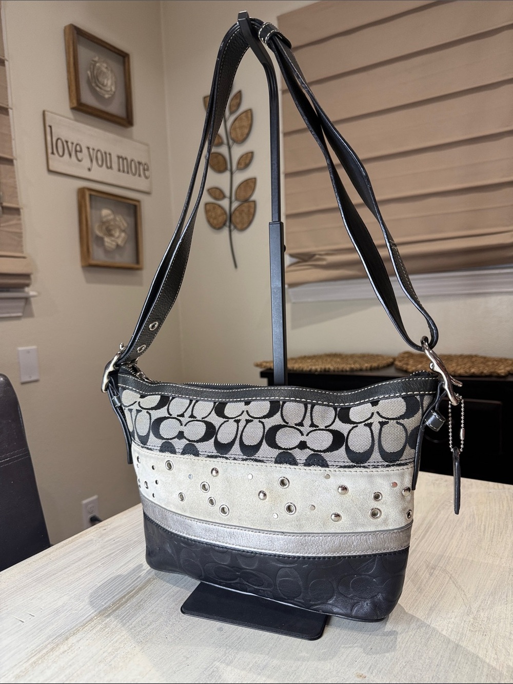 Vintage Coach Y2K Black and Cream Patchwork Studded Signature East West Bag.